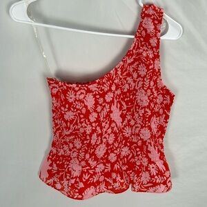 Entro Red and Pink Tropical Floral Print One Shoulder Smocked Peplum Top -Small